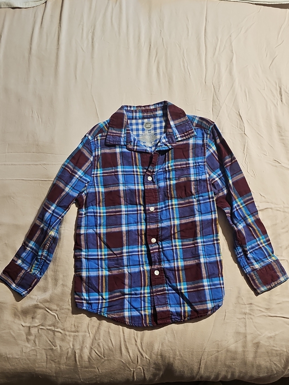 Plaid Button-Up Shirt in Blue and Burgundy